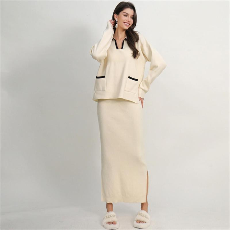 Apricot Long Sleeve V Neck Pullover Two Pieces Knit Fashion Casual Formal Midi Dress