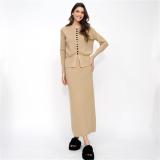 Camel Two Pieces Buttons Cardigan Pullover Knitted Casual Office Lady Formal Skirt Dress