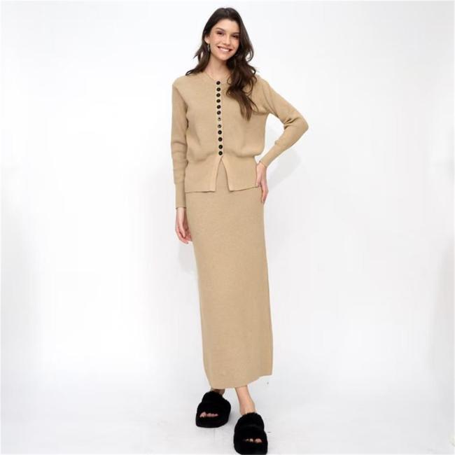 Camel Two Pieces Buttons Cardigan Pullover Knitted Casual Office Lady Formal Skirt Dress