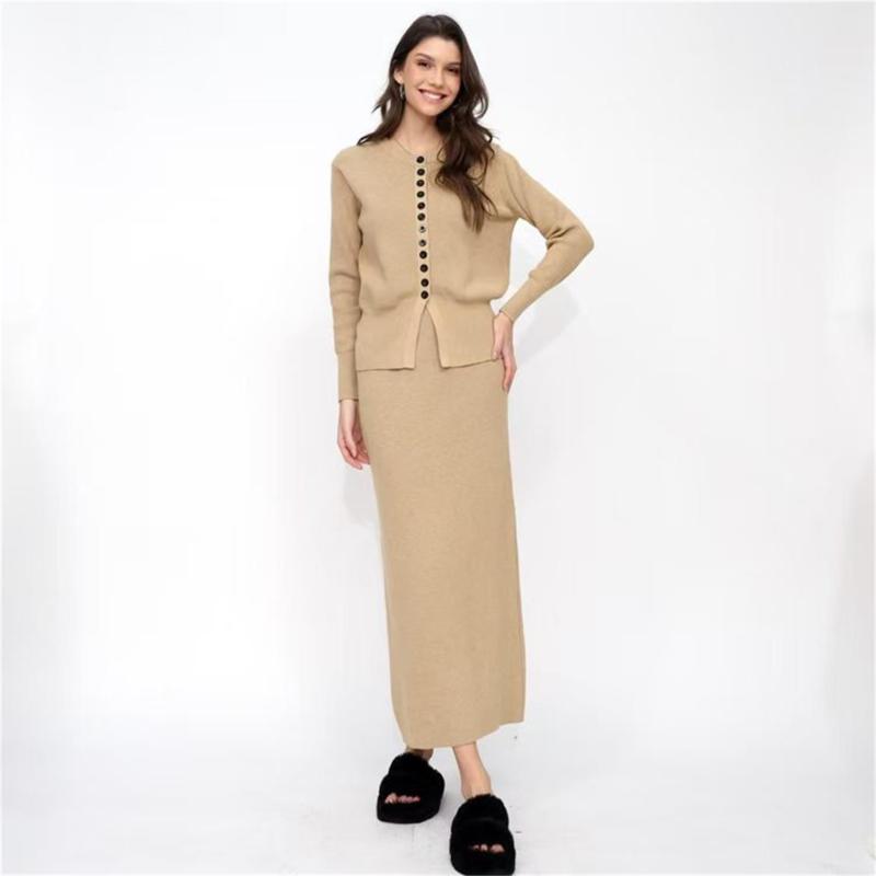 Camel Two Pieces Buttons Cardigan Pullover Knitted Casual Office Lady Formal Skirt Dress