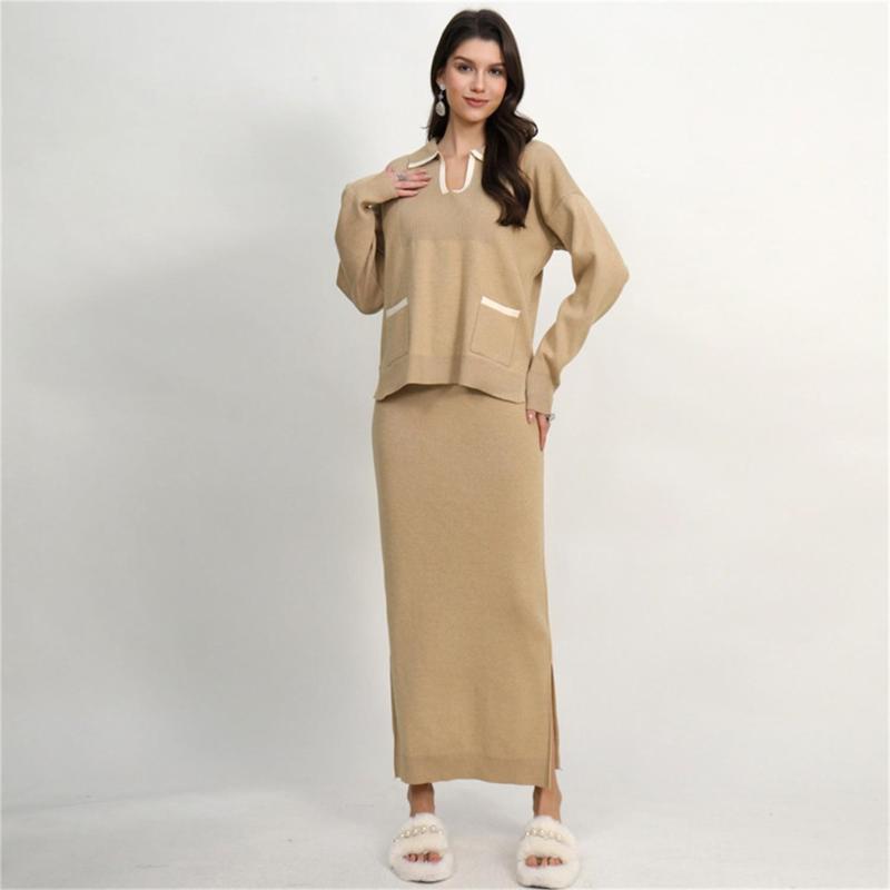 Camel Long Sleeve V Neck Pullover Two Pieces Knit Fashion Casual Formal Midi Dress