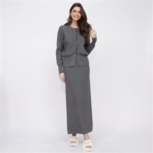 Gray Two Pieces Buttons Cardigan Pullover Knitted Casual Office Lady Formal Skirt Dress