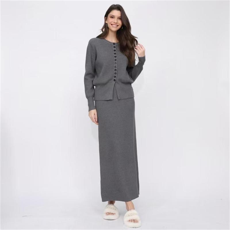 Gray Two Pieces Buttons Cardigan Pullover Knitted Casual Office Lady Formal Skirt Dress
