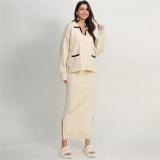 Apricot Long Sleeve V Neck Pullover Two Pieces Knit Fashion Casual Formal Midi Dress