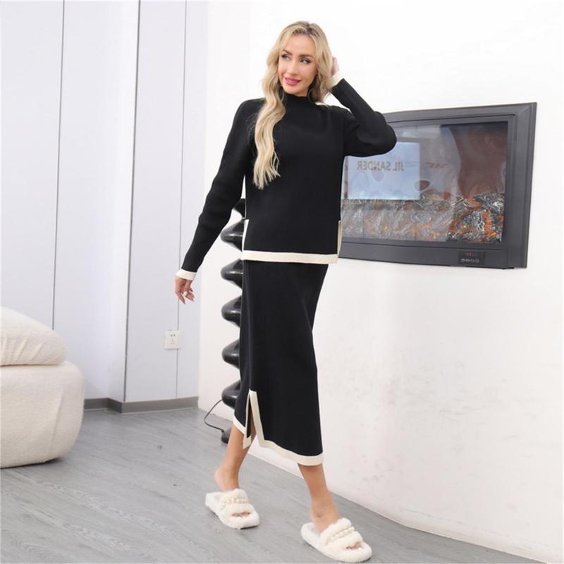 Black Women's Two Pieces Knitted Pullover Casual Office Lady Formal Skirt Dress Set