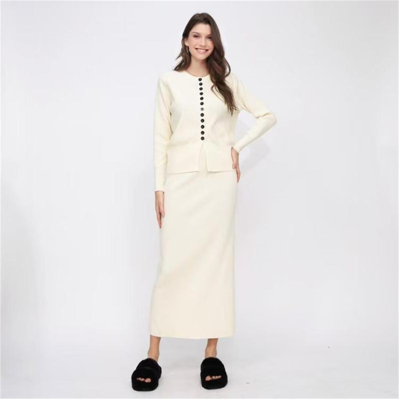 Apricot Two Pieces Buttons Cardigan Pullover Knitted Casual Office Lady Formal Skirt Dress