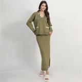 Green Long Sleeve V Neck Pullover Two Pieces Knit Fashion Casual Formal Midi Dress