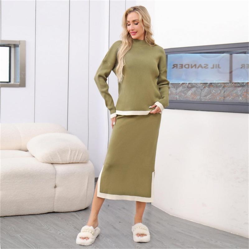 Green Women's Two Pieces Knitted Pullover Casual Office Lady Formal Skirt Dress Set