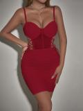 Red Straps Off Shoulder Cut Out Lace Up Bandage Pleated Club Mini Dress
