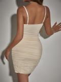Apricot Straps Off Shoulder Cut Out Lace Up Bandage Pleated Club Mini Dress