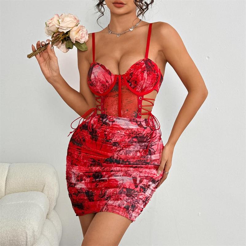 Red Print Straps Off Shoulder Cut Out Lace Up Bandage Pleated Club Mini Dress