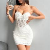 White Halter V Neck Lace Hollow Out Underwire Sequins Bodycon Mini Dress