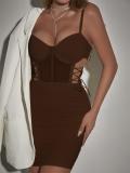 Coffee Straps Off Shoulder Cut Out Lace Up Bandage Pleated Club Mini Dress
