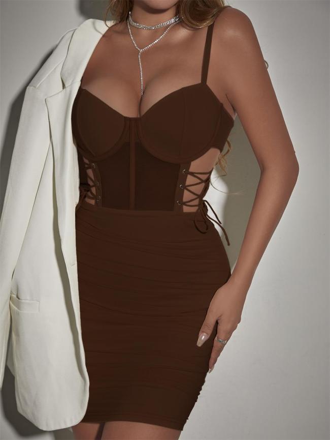 Coffee Straps Off Shoulder Cut Out Lace Up Bandage Pleated Club Mini Dress