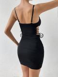 Black Straps Off Shoulder Cut Out Lace Up Bandage Pleated Club Mini Dress