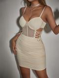 Apricot Straps Off Shoulder Cut Out Lace Up Bandage Pleated Club Mini Dress