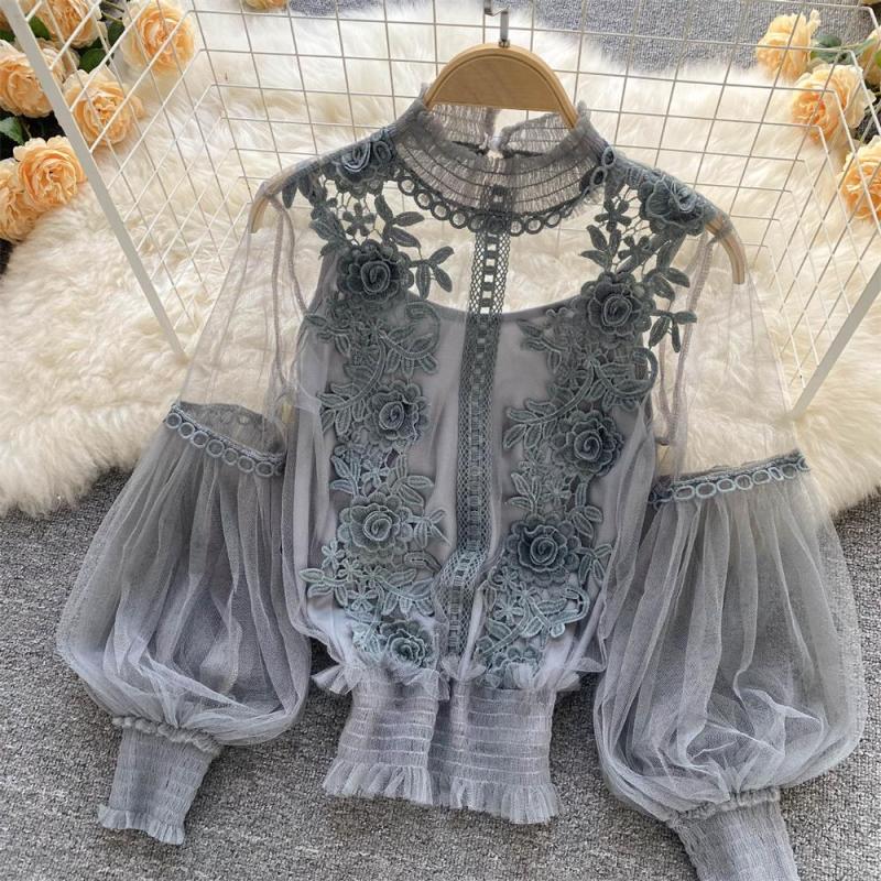 Blue Mesh Lantern Sleeves Lace Embroidered 2PCS Crop Tops Including Sling Vest
