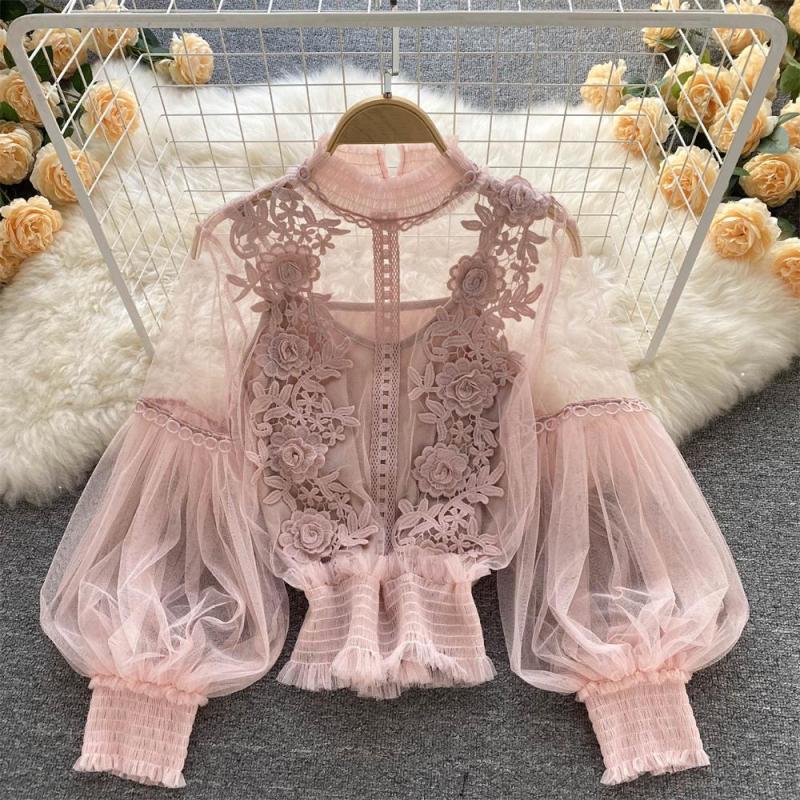 Pink Mesh Lantern Sleeves Lace Embroidered 2PCS Crop Tops Including Sling Vest
