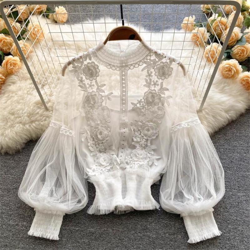 White Mesh Lantern Sleeves Lace Embroidered 2PCS Crop Tops Including Sling Vest