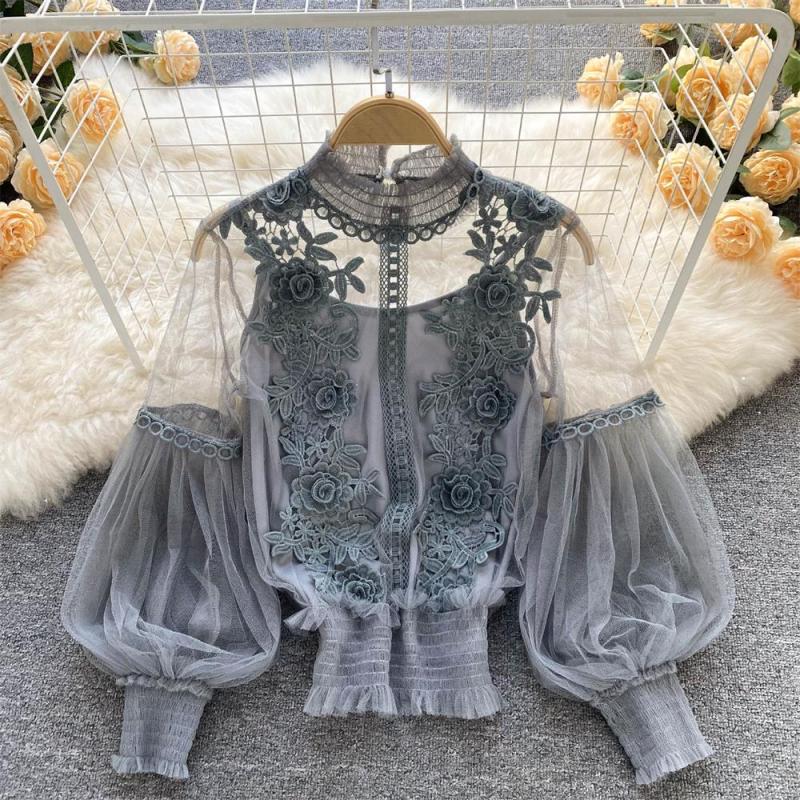 Blue Mesh Lantern Sleeves Lace Embroidered 2PCS Crop Tops Including Sling Vest