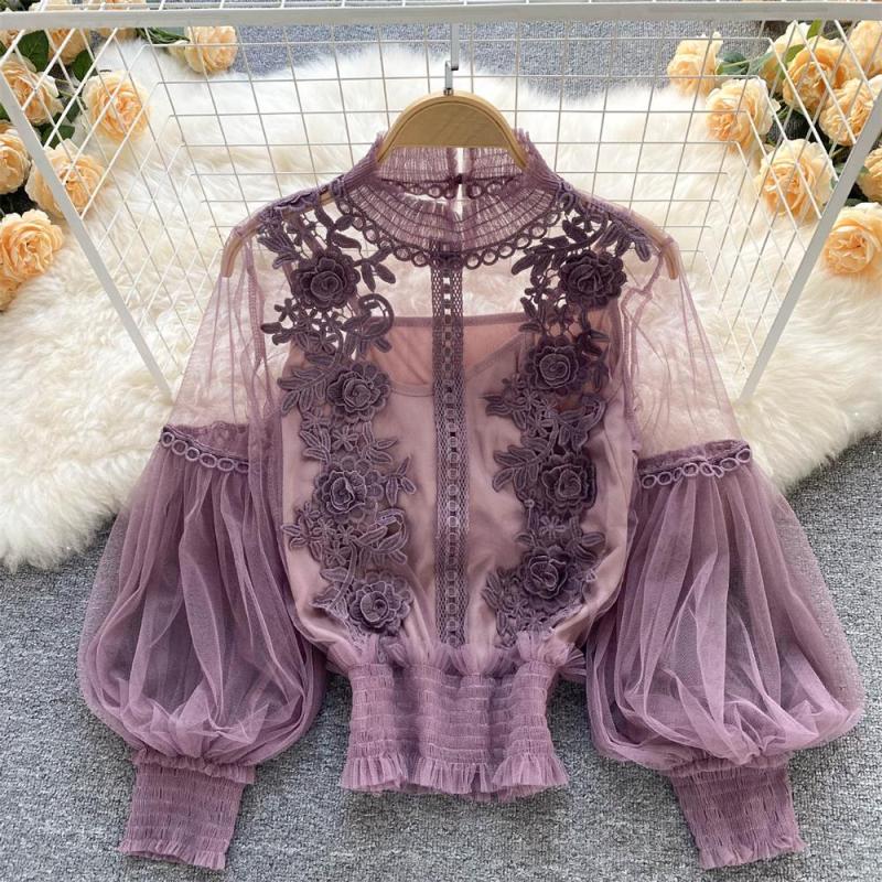 Purple Mesh Lantern Sleeves Lace Embroidered 2PCS Crop Tops Including Sling Vest
