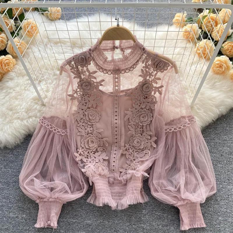 Dark Pink Mesh Lantern Sleeves Lace Embroidered 2PCS Crop Tops Including Sling Vest