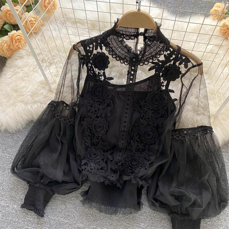 Black Mesh Lantern Sleeves Lace Embroidered 2PCS Crop Tops Including Sling Vest