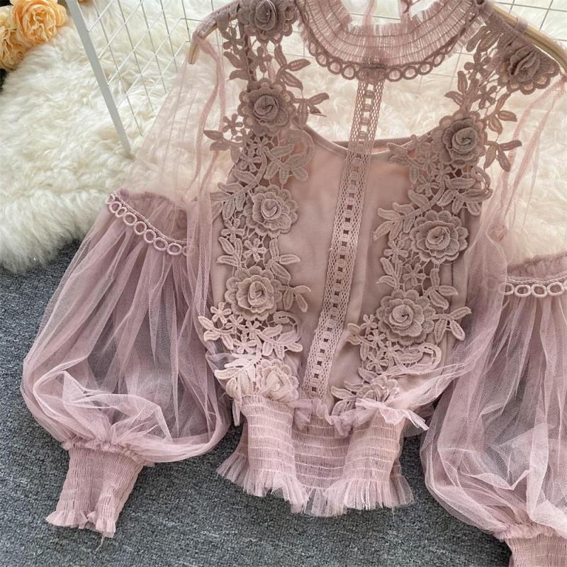 Dark Pink Mesh Lantern Sleeves Lace Embroidered 2PCS Crop Tops Including Sling Vest