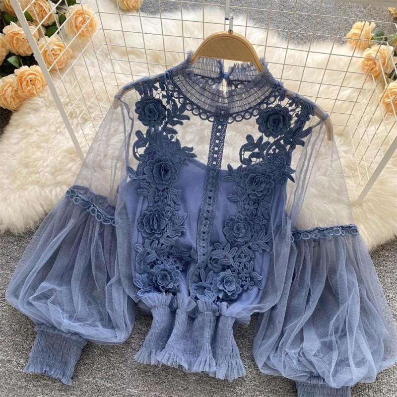 Blue Mesh Lantern Sleeves Lace Embroidered 2PCS Crop Tops Including Sling Vest