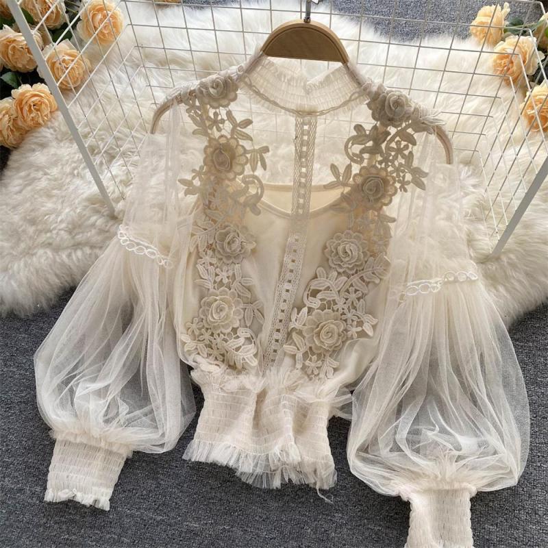 Apricot Mesh Lantern Sleeves Lace Embroidered 2PCS Crop Tops Including Sling Vest