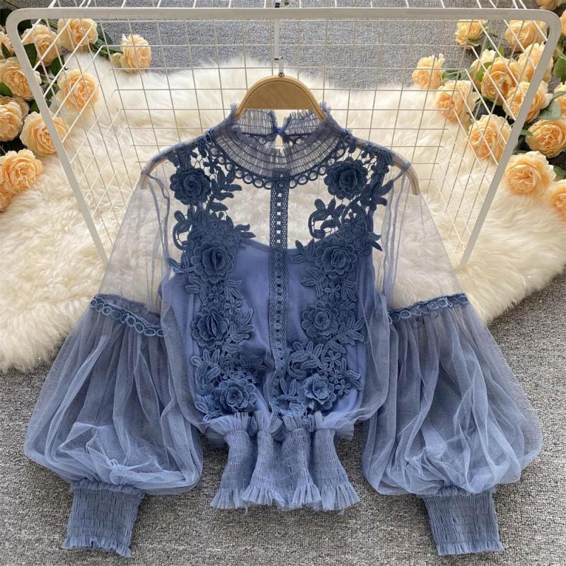 Blue Mesh Lantern Sleeves Lace Embroidered 2PCS Crop Tops Including Sling Vest