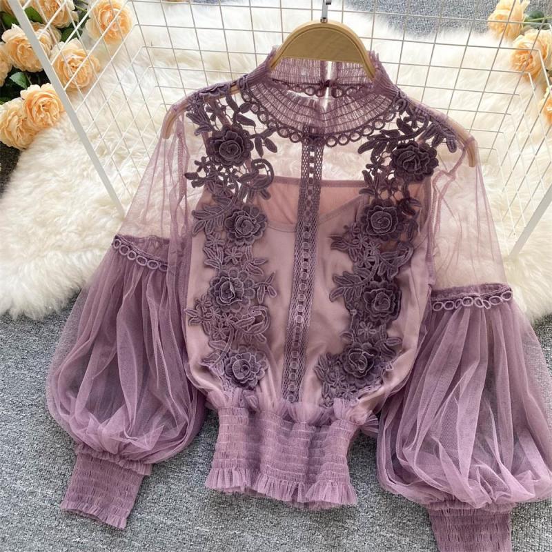 Purple Mesh Lantern Sleeves Lace Embroidered 2PCS Crop Tops Including Sling Vest