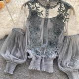 Blue Mesh Lantern Sleeves Lace Embroidered 2PCS Crop Tops Including Sling Vest