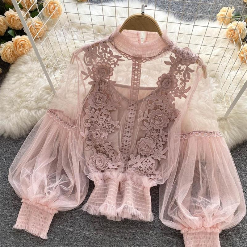 Pink Mesh Lantern Sleeves Lace Embroidered 2PCS Crop Tops Including Sling Vest