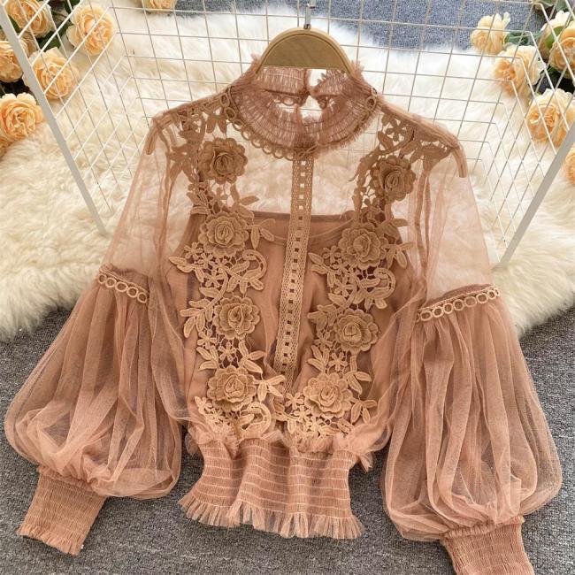 Khaki Mesh Lantern Sleeves Lace Embroidered 2PCS Crop Tops Including Sling Vest