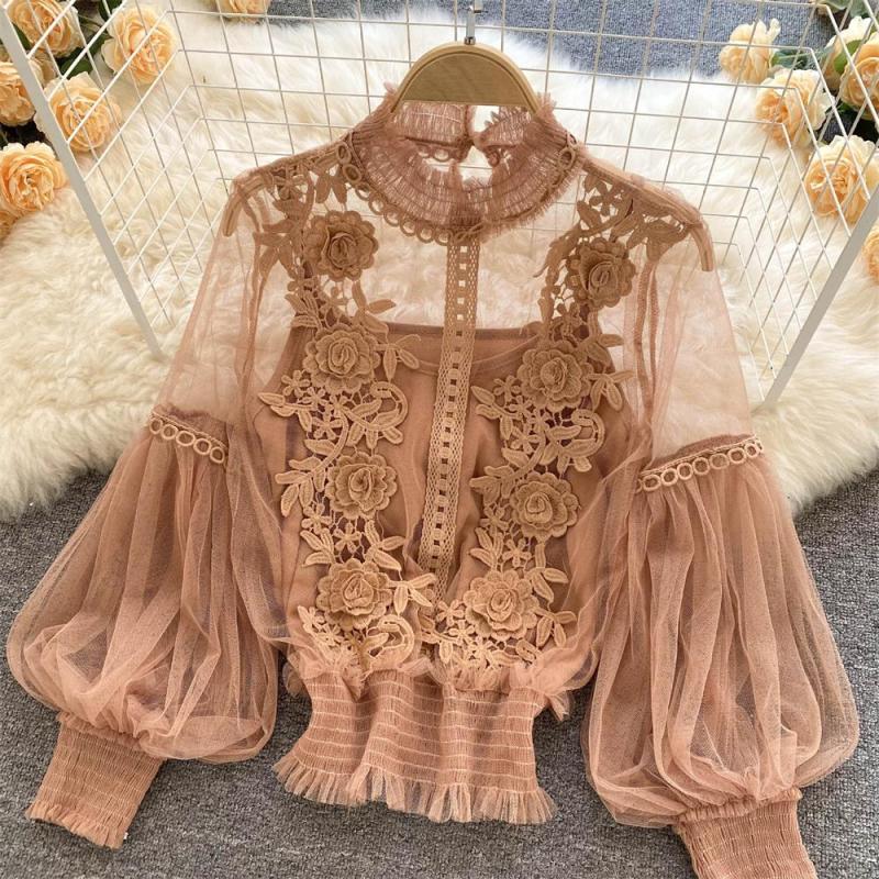 Khaki Mesh Lantern Sleeves Lace Embroidered 2PCS Crop Tops Including Sling Vest