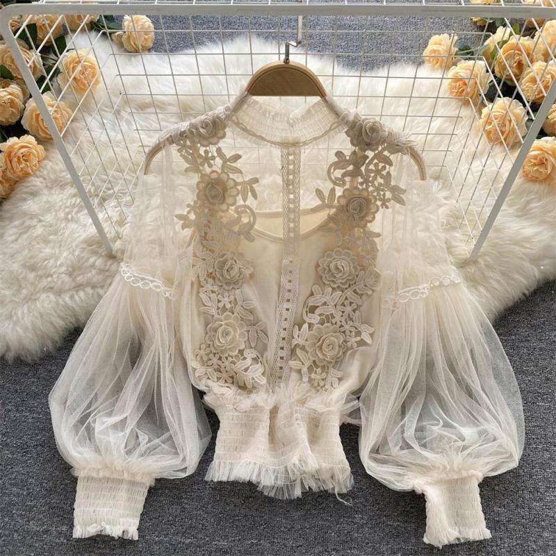 Apricot Mesh Lantern Sleeves Lace Embroidered 2PCS Crop Tops Including Sling Vest