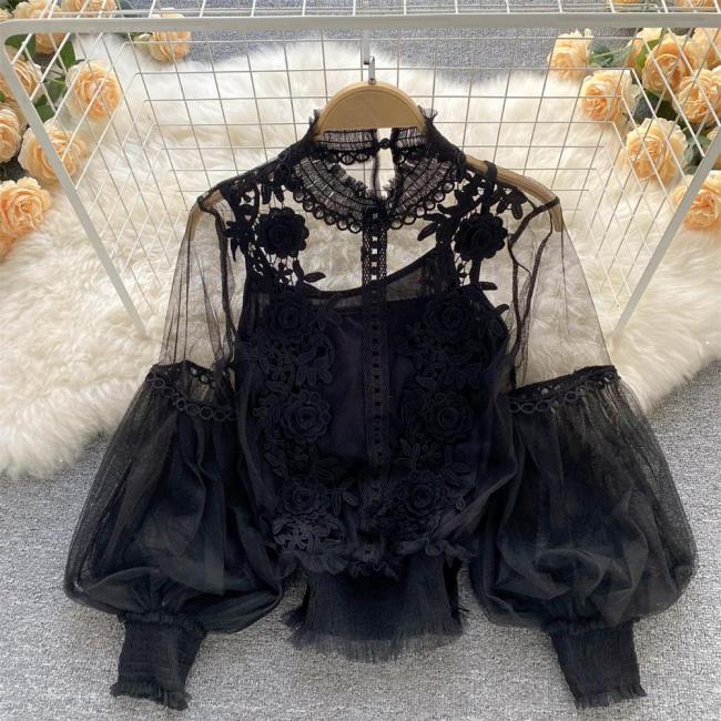 Black Mesh Lantern Sleeves Lace Embroidered 2PCS Crop Tops Including Sling Vest