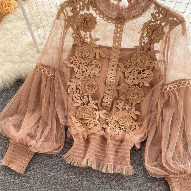 Khaki Mesh Lantern Sleeves Lace Embroidered 2PCS Crop Tops Including Sling Vest