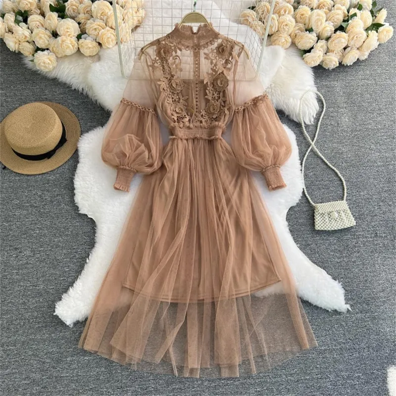 Khaki Mesh Long Sleeve Lace Embroidered Two Pieces Straps Vest Casual Fashion Maxi Dress