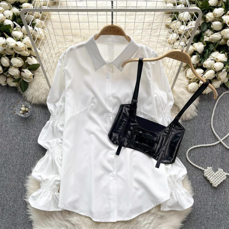White Puff Sleeves Two Pieces T-Skirt with PU Leather Waistband Vest Casual Women Tops