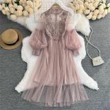 Pink Mesh Long Sleeve Lace Embroidered Two Pieces Straps Vest Casual Fashion Maxi Dress