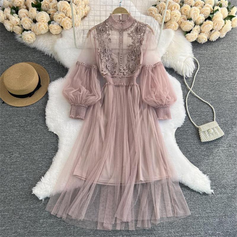 Pink Mesh Long Sleeve Lace Embroidered Two Pieces Straps Vest Casual Fashion Maxi Dress