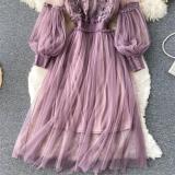 Purple Mesh Long Sleeve Lace Embroidered Two Pieces Straps Vest Casual Fashion Maxi Dress