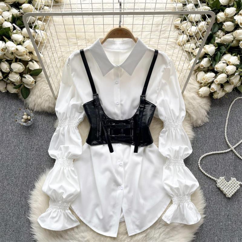 White Puff Sleeves Two Pieces T-Skirt with PU Leather Waistband Vest Casual Women Tops