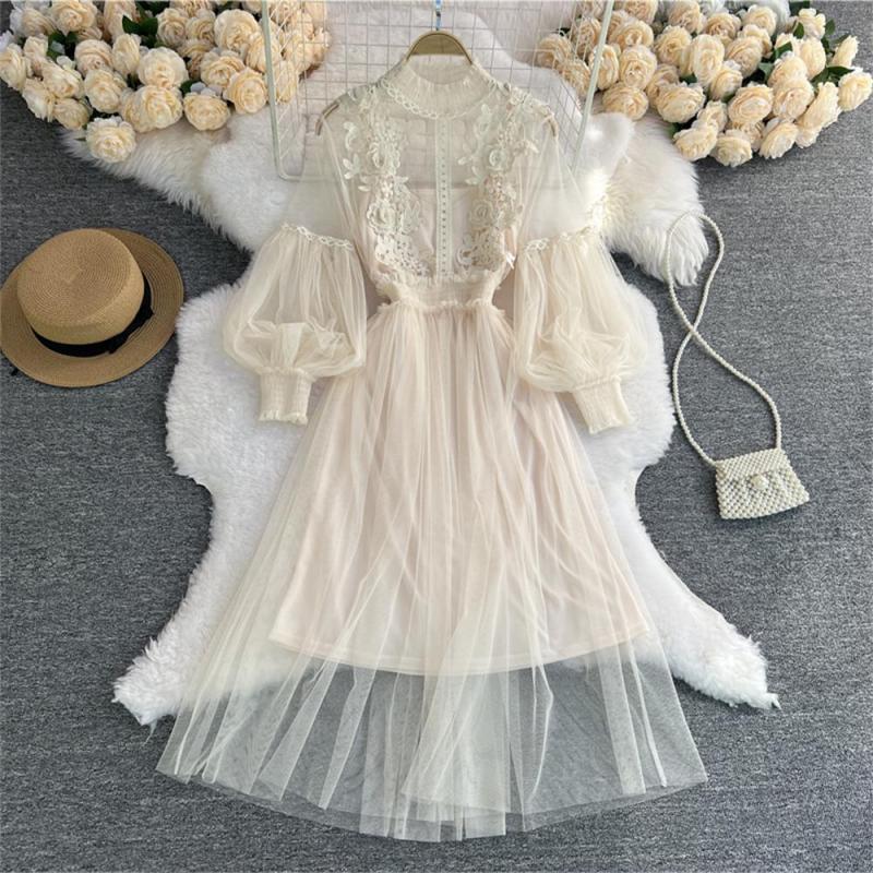 Apricot Mesh Long Sleeve Lace Embroidered Two Pieces Straps Vest Casual Fashion Maxi Dress