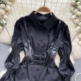 Black Puff Sleeves Two Pieces T-Skirt with PU Leather Waistband Vest Casual Women Tops