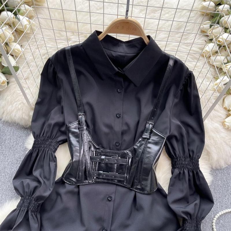 Black Puff Sleeves Two Pieces T-Skirt with PU Leather Waistband Vest Casual Women Tops