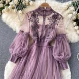 Purple Mesh Long Sleeve Lace Embroidered Two Pieces Straps Vest Casual Fashion Maxi Dress