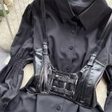 Black Puff Sleeves Two Pieces T-Skirt with PU Leather Waistband Vest Casual Women Tops